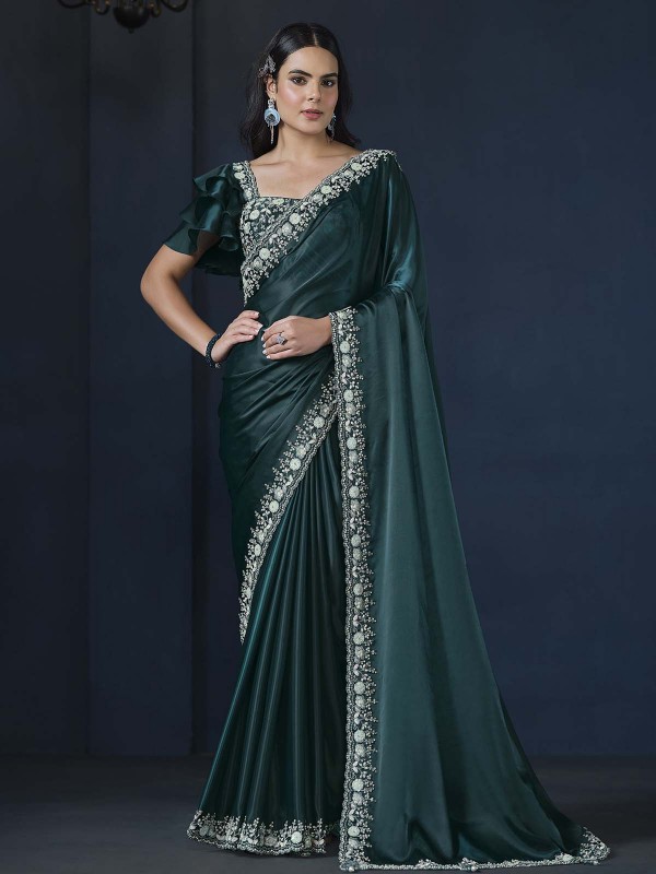 Peacock Blue Crepe Satin Silk Party Wear Saree